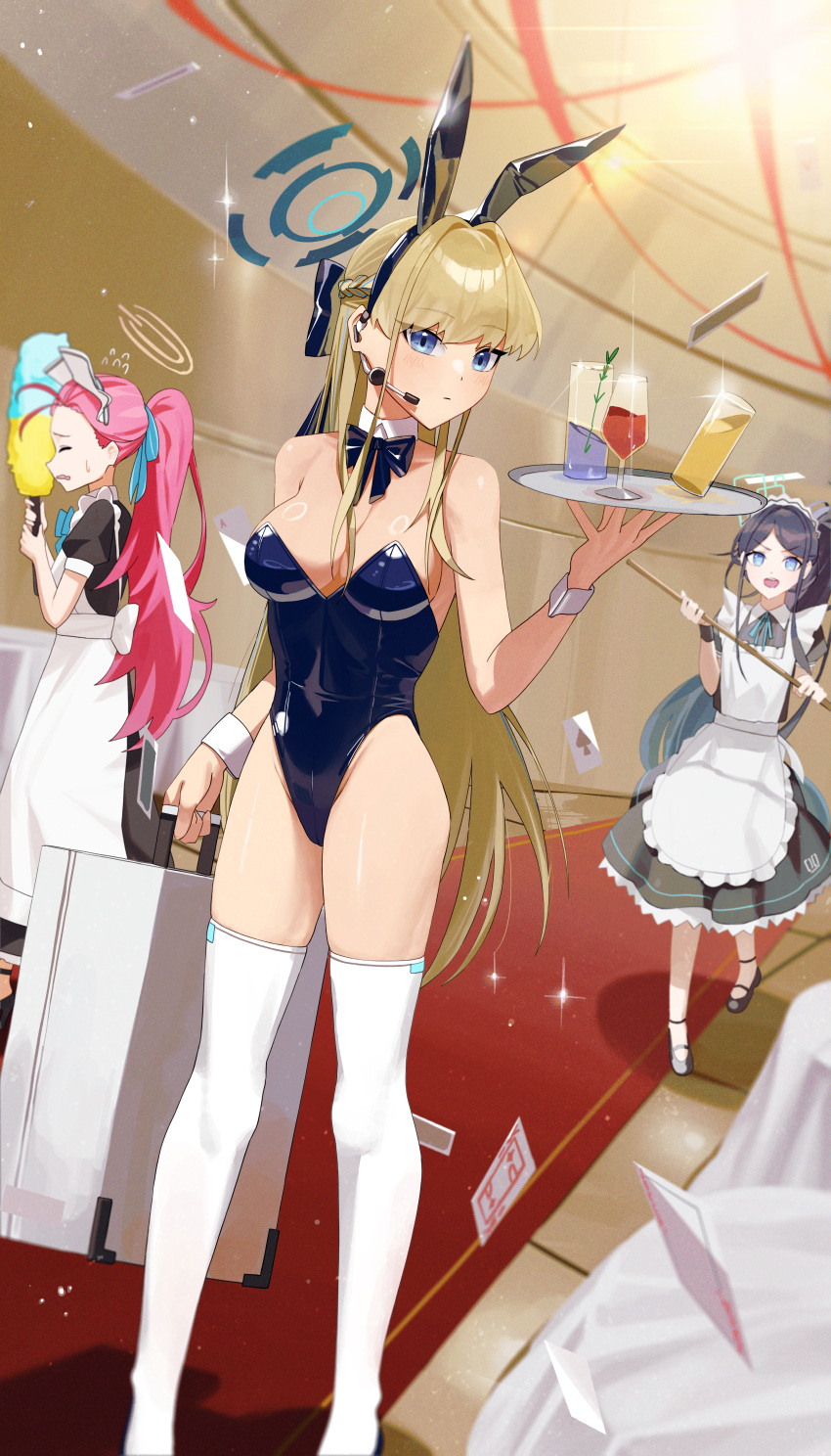 3girls absurdres ace_(playing_card) ace_of_spades animal_ears apron aqua_ribbon aris_(blue_archive) bare_arms bare_shoulders black_bow black_dress black_footwear black_wristband blonde_hair blue_archive blue_bow blue_eyes blue_leotard blurry bow briefcase card closed_eyes closed_mouth cocktail_glass commentary cotton_candy cup detached_collar dot_nose dress drinking_glass dutch_angle explosion fake_animal_ears flying_sweatdrops forehead frilled_apron frills hair_ribbon hairbow headset high_heels highleg highleg_leotard highres holding holding_briefcase holding_stick holding_tray indoors legs_apart leotard long_hair long_legs maid mm_(mhm2592) multiple_girls official_alternate_costume parted_bangs pink_hair playboy_bunny playing_card red_carpet ribbon shadow short_sleeves spade_(shape) sparkle standing standing_on_one_leg stick strapless strapless_leotard table thighhighs toki_(blue_archive) toki_(bunny)_(blue_archive) tray v-shaped_eyebrows white_apron white_thighhighs wrist_cuffs yuzu_(blue_archive)