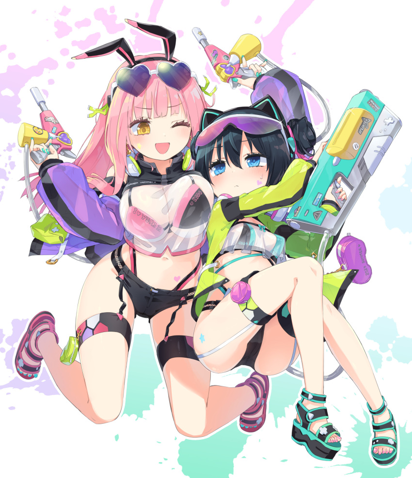 2girls :< ;d animal_ears bikini bikini_under_clothes black_bikini black_footwear black_hair black_shorts blue_eyes blue_footwear blush breasts brown_eyes chloe_withers closed_mouth comiket_104 commentary_request double_bun facial_mark fake_animal_ears hair_between_eyes hair_bun heart highres holding homura_subaru large_breasts lillian_ljungstrom long_hair long_sleeves micro_shorts multiple_girls navel one_eye_closed original pink_footwear pink_hair puffy_long_sleeves puffy_sleeves see-through shorts sleeves_past_wrists small_breasts smile star_(symbol) sweat swimsuit very_long_hair white_background