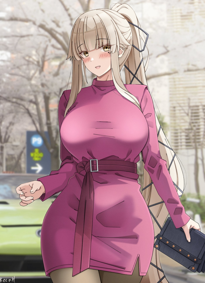 arai_hitomi_(rc_f) artist_name belt black_ribbon blonde_hair blush borrowed_character breasts brown_eyes car dress female hair_ribbon highres keenh large_breasts leather leather_dress lexus_lfa long_hair long_sleeves looking_at_viewer mole mole_under_eye motor_vehicle original pink_dress ponytail ribbon smile solo standing very_long_hair