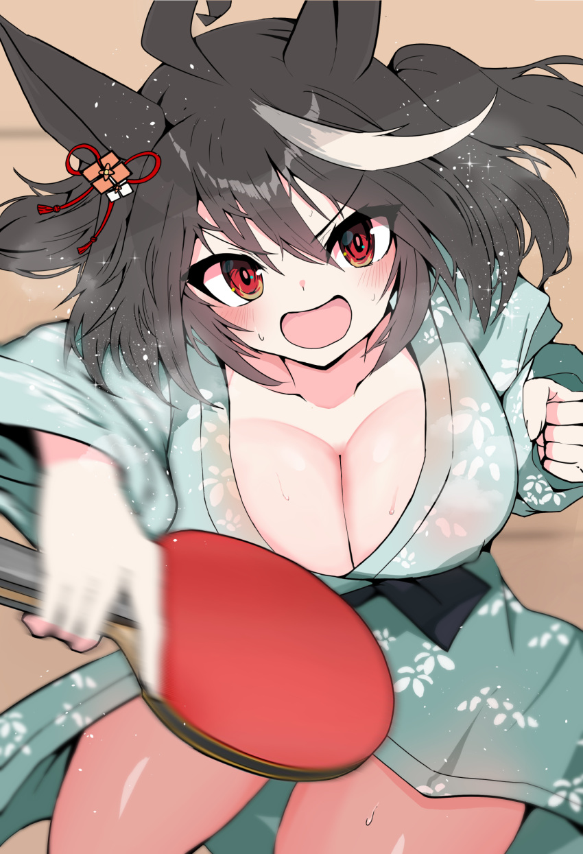 :d akizuki_shigure animal_ears black_hair breasts cleavage commentary_request ear_ornament ear_ribbon female green_kimono highres horse_ears horse_girl japanese_clothes kimono kitasan_black_(umamusume) large_breasts looking_at_viewer motion_blur multicolored_hair open_mouth red_ribbon ribbon smile solo streaked_hair sweat umamusume white_hair