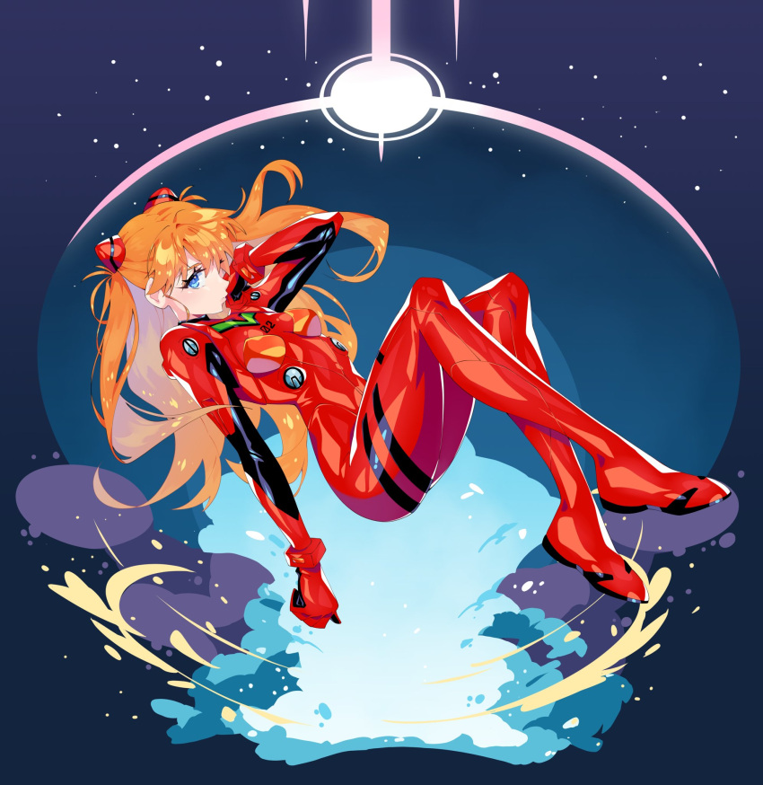 atomicmrshmallw blue_eyes bodysuit commentary english_commentary female full_body hairpods highres interface_headset long_hair neon_genesis_evangelion pilot_suit plugsuit red_bodysuit red_hair shiny_clothes skin_tight solo souryuu_asuka_langley