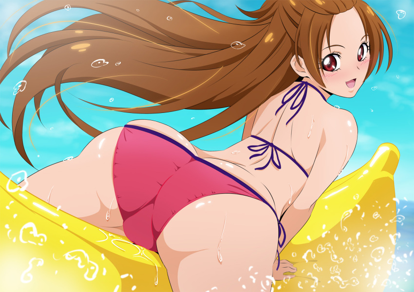 ass banana_boat bikini blue_sky brown_hair cloud day dokidoki!_precure female forehead fuchi_(nightmare) highres inflatable_raft long_hair looking_at_viewer looking_back madoka_aguri ocean on_banana open_mouth outdoors precure red_bikini red_eyes riding sky smile solo swimsuit water