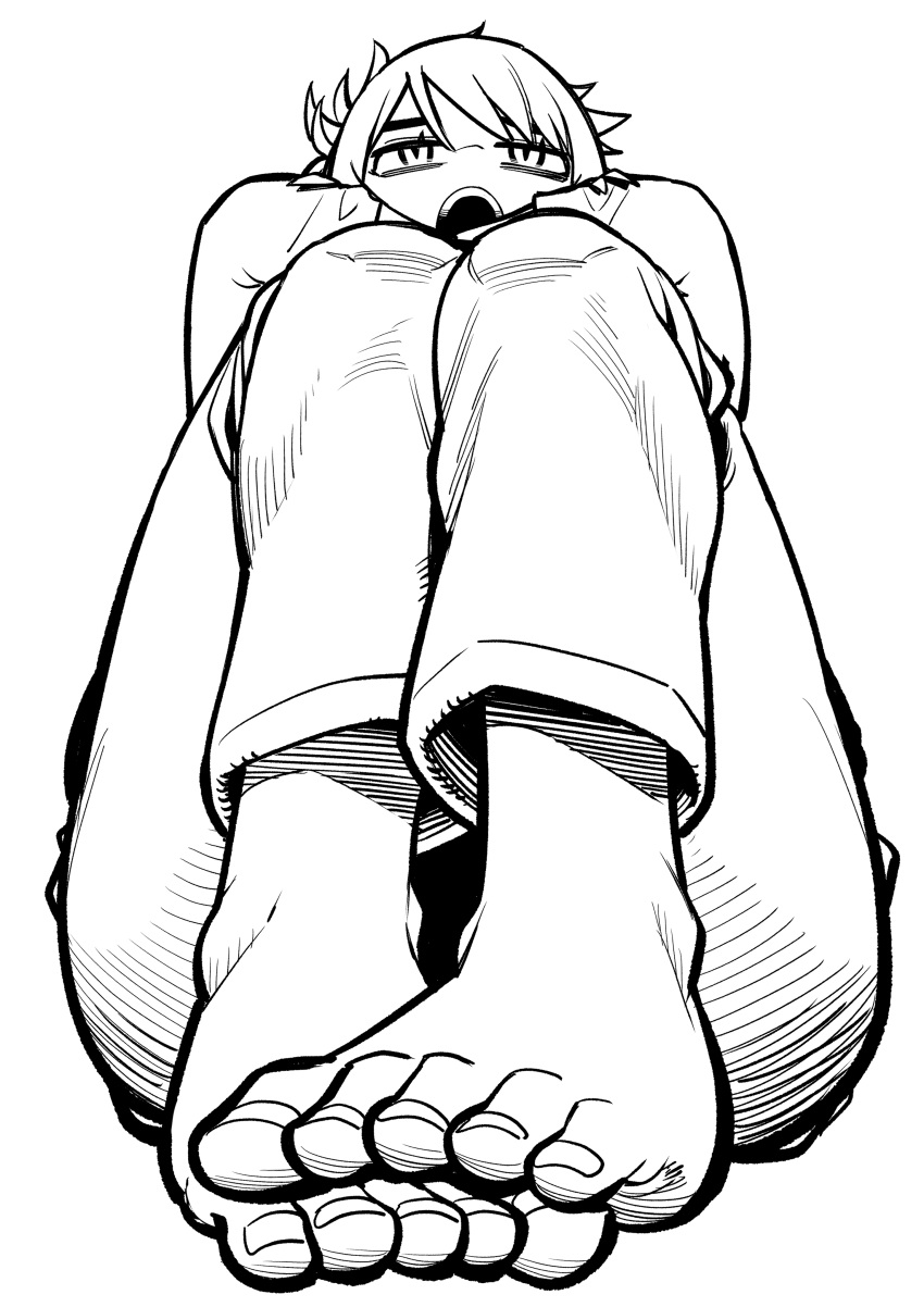 absurdres barefoot bento_girl_(kanke_(kank06020602)) bored crossed_arms feet female foot_focus foreshortening frustrated greyscale highres kanke_(kank06020602) looking_up monochrome no_shoes original pants solo teeth thick_eyebrows toenails toes upper_teeth_only white_background wide_hips