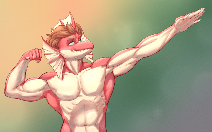 anthro brown_hair cavemanon_studios damien_payne dilophosaurid dilophosaurus dinosaur flexing frill_(anatomy) green_eyes hair hi_res i_wani_hug_that_gator male multicolored_body muscular nude prehistoric_species prometheuzone red_body reptile scalie solo spinosaurid spinosaurus theropod two_tone_body