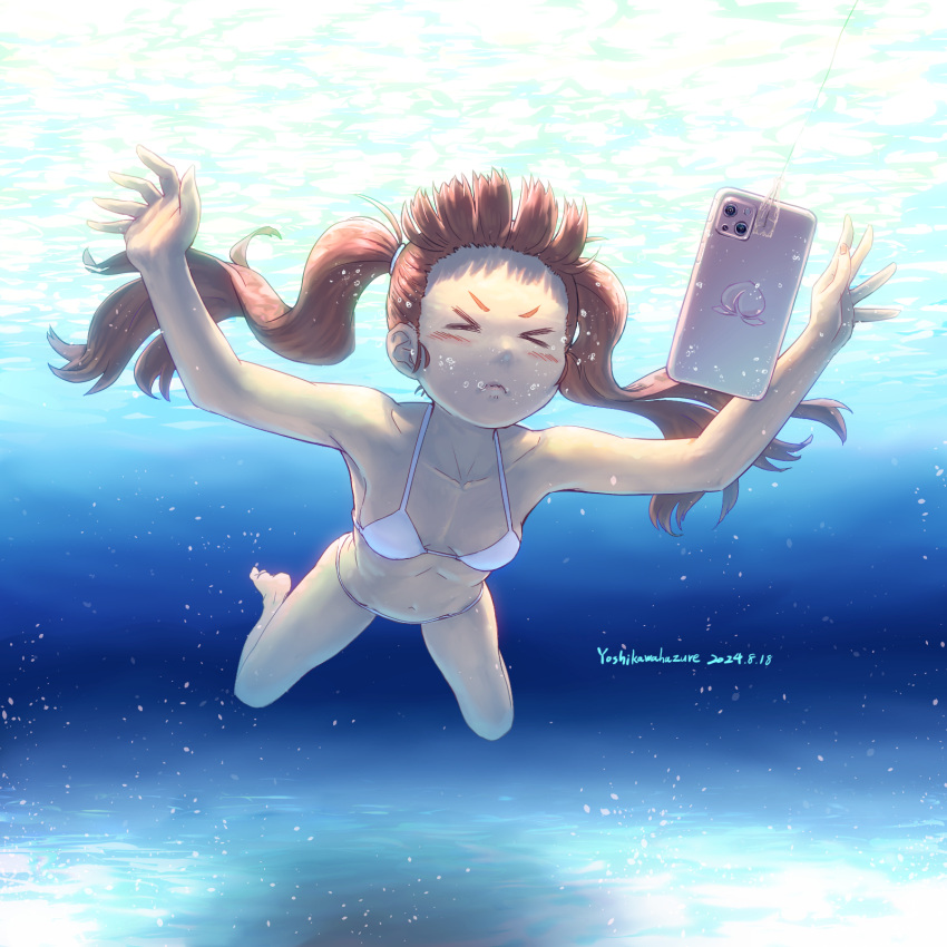 artist_name bikini brown_hair cellphone closed_eyes commentary_request dated female highres long_hair nevermind nirvana_(band) original parody phone smartphone solo swimming swimsuit underwater white_bikini yoshikawa_hazure