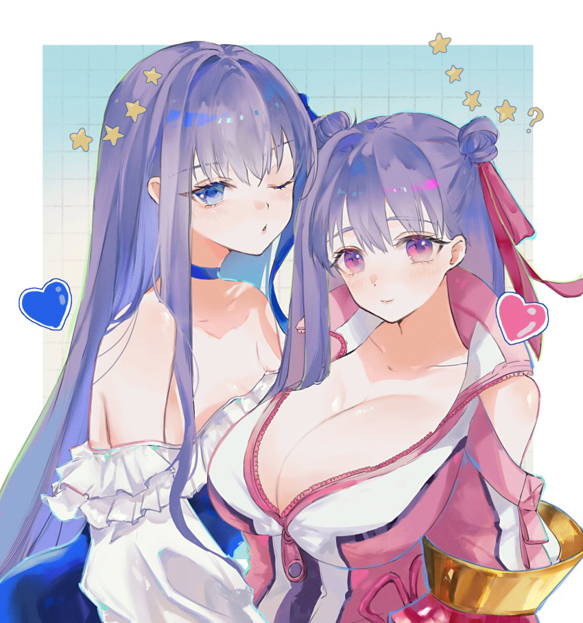 bare_shoulders blue_choker blue_eyes blue_one-piece_swimsuit blue_ribbon breasts choker cleavage double_bun fate/grand_order fate_(series) frills hair_bun hair_ribbon heart highres huge_breasts jacket long_hair long_sleeves looking_at_viewer meltryllis_(fate) meltryllis_(swimsuit_lancer)_(fate) meltryllis_(swimsuit_lancer)_(second_ascension)_(fate) nigiri off-shoulder_one-piece_swimsuit off_shoulder one-piece_swimsuit one_eye_closed open_clothes open_jacket passionlip_(fate) puckered_lips purple_eyes purple_hair red_ribbon ribbon small_breasts smile strapless strapless_one-piece_swimsuit swimsuit zipper zipper_pull_tab