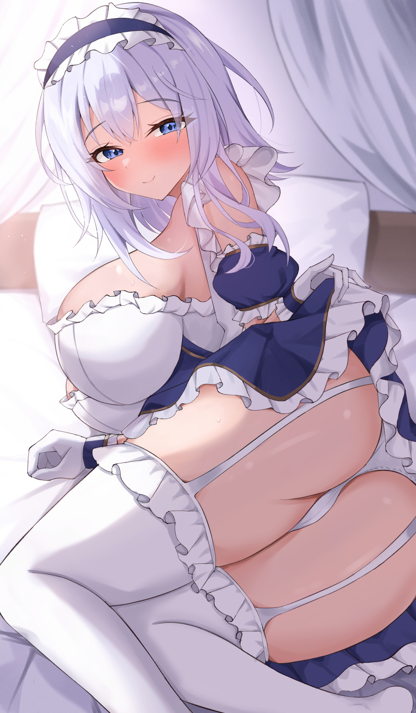 absurdres ass bed black_dress blue_eyes blush breasts closed_mouth clothes_lift commentary_request commission dress dress_lift female frilled_dress frills garter_straps grey_hair hair_between_eyes highres himeji_shirayuki huge_breasts kuon_(kuon) liar_liar lifting_own_clothes long_hair looking_at_viewer lying maid maid_headdress on_bed on_side panties pillow pixiv_commission sideboob smile solo thighs underwear white_panties