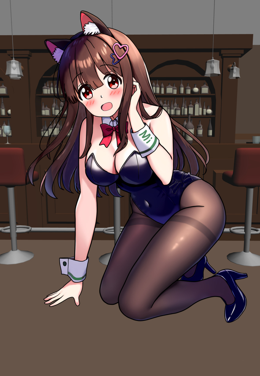 absurdres ai-chan_(misskey.io) all_fours animal_ears bar_(place) black_leotard black_pantyhose bow bowtie brown_eyes brown_hair cat_ears commentary_request detached_collar female hair_ornament hairclip highres kittysuit leotard long_hair misskey.io nontraditional_playboy_bunny open_mouth pantyhose red_bow red_bowtie solo stool strapless strapless_leotard thighband_pantyhose tsuki_(tensi945) wrist_cuffs