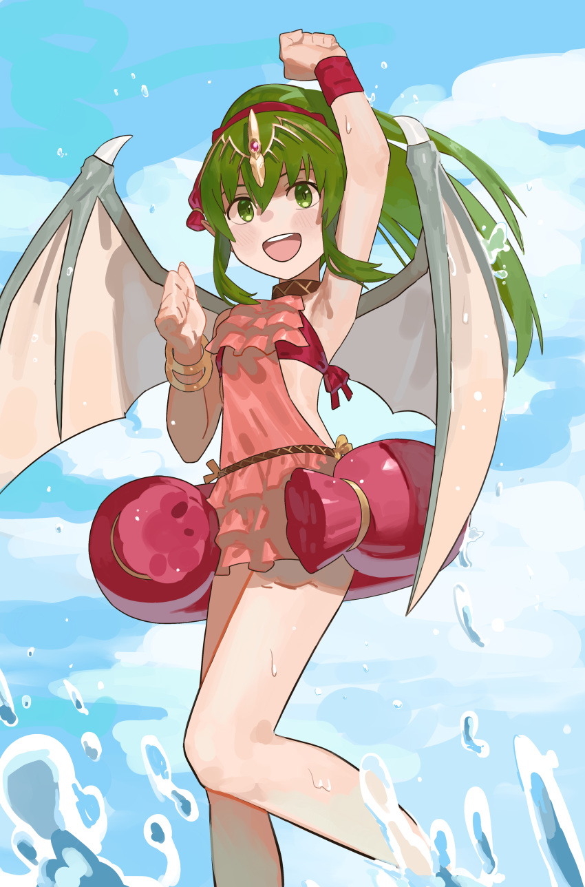 :d absurdres arm_up blue_sky commentary_request dragon_girl dragon_wings female fire_emblem fire_emblem:_mystery_of_the_emblem frilled_one-piece_swimsuit frills green_eyes green_hair highres kucheat_zg long_hair one-piece_swimsuit pink_one-piece_swimsuit sky smile solo swimsuit teeth tiara tiki_(fire_emblem) tiki_(young)_(fire_emblem) upper_teeth_only water wet wings