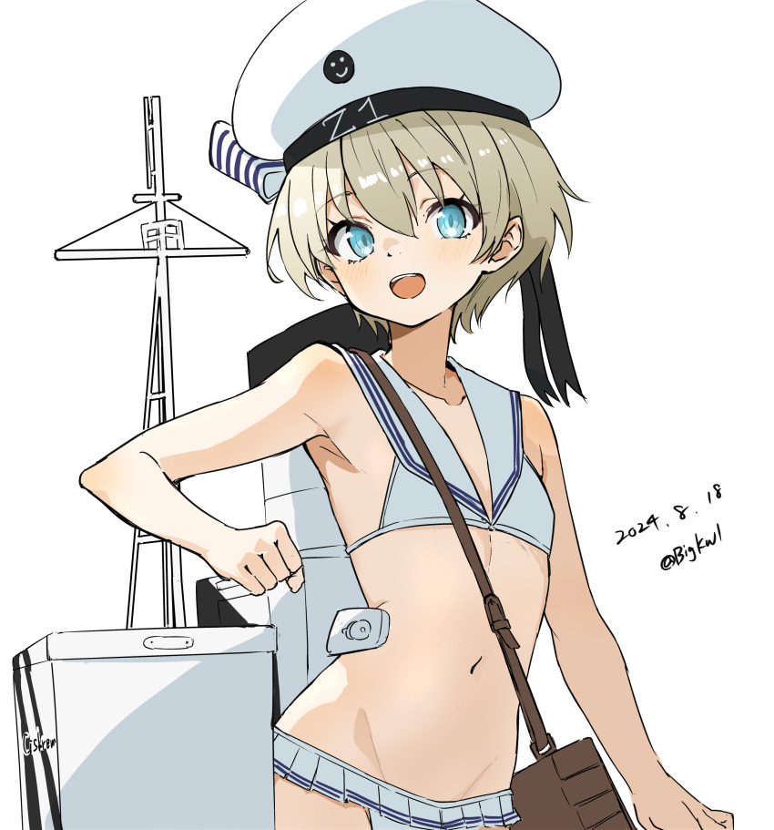 absurdres bag bigkwl bikini bikini_skirt blue_eyes clothes_writing cooler dated female flat_chest grey_hair hat highres kantai_collection lowleg lowleg_bikini machinery microskirt navel one-hour_drawing_challenge sailor_bikini sailor_collar sailor_hat short_hair shoulder_bag simple_background skirt smokestack solo swimsuit twitter_username white_background white_bikini white_hat white_sailor_collar z1_leberecht_maass_(kancolle) z1_leberecht_maass_(swimsuit_mode)_(kancolle)