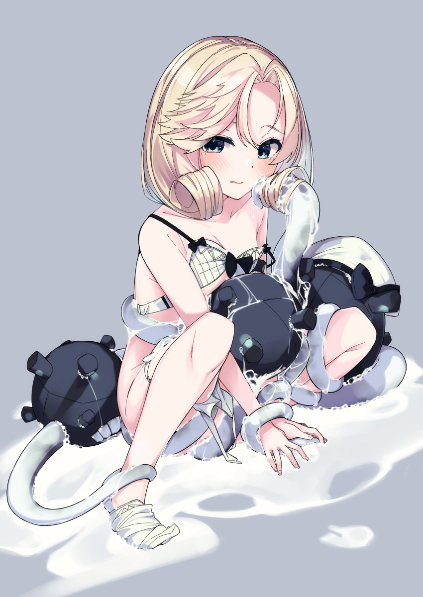 absurdres abyssal_ship blonde_hair blue_eyes bra enemy_naval_mine_(kancolle) female grey_background highres janus_(kancolle) kantai_collection looking_at_viewer short_hair simple_background socks teeth tentacle underwear uut white_bra white_socks