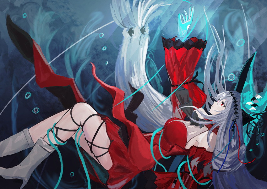 absurdres aqua_gloves aqua_hat arknights ascot bare_shoulders black_ascot breasts detached_sleeves dress feet_out_of_frame female gloves grey_hair hair_between_eyes hat highres leg_ribbon long_hair long_sleeves off-shoulder_dress off_shoulder pointy_hat reaching red_dress red_eyes red_sleeves ribbon skadi_(arknights) skadi_the_corrupting_heart_(arknights) solo solo_takebocchi underwater very_long_hair