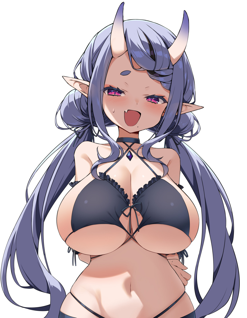 absurdres bare_shoulders bikini black_bikini blush breasts choker cleavage collarbone criss-cross_halter female halterneck highres hoppege horns huge_breasts long_hair looking_at_viewer low_twintails mole mole_under_mouth navel nijisanji oerba_yun_fang oni open_mouth pink_eyes pointy_ears purple_hair rindou_mikoto simple_background skin-covered_horns skindentation smile solo sweat swimsuit thick_eyebrows twintails underboob very_long_hair virtual_youtuber white_background