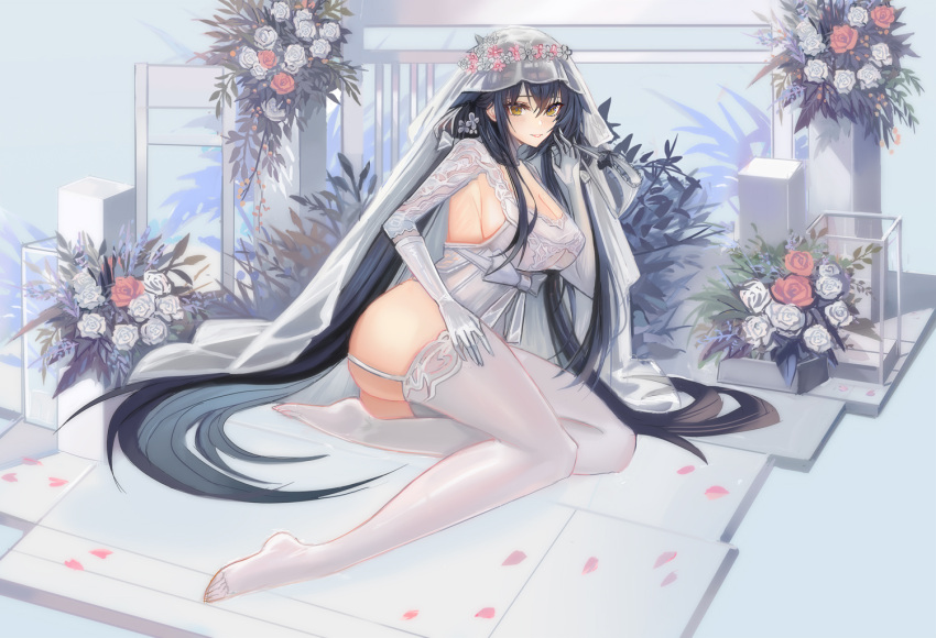 azuma_(azur_lane) azuma_(lily-white_longing)_(azur_lane) azur_lane black_hair bouquet breasts bridal_veil cleavage diaoao_bugaoxing dress female flower full_body garter_straps gloves hair_between_eyes large_breasts leotard long_hair looking_at_viewer official_alternate_costume petals red_flower red_rose rose see-through see-through_dress see-through_sleeves solo thighhighs veil very_long_hair wedding_dress white_dress white_flower white_garter_straps white_gloves white_leotard white_rose white_thighhighs yellow_eyes