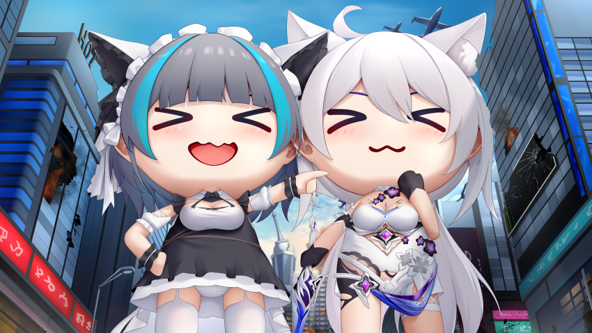 >_< 2girls :3 absurdres aircraft_request animal_ears aqua_hair azur_lane black_gloves blush breasts broken_glass cat_ears cat_girl cheshire_(azur_lane) chibi cleavage fire garter_straps giant giantess glass gloves highres honkai_(series) honkai_impact_3rd kiana_kaslana kiana_kaslana_(herrscher_of_finality) long_hair lrh0123 medium_hair multicolored_hair multiple_girls open_mouth panties purple_hair smoke streaked_hair thighhighs two-tone_hair underwear very_long_hair wavy_mouth white_hair white_panties white_thighhighs wrist_cuffs x3