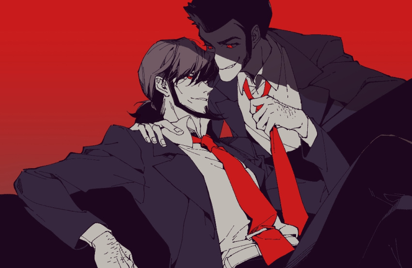 2boys arsene_lupin_iii asam beard black_hair black_jacket collared_shirt crossed_legs eye_contact facial_hair grin hand_on_another's_shoulder jacket jigen_daisuke lapels limited_palette long_sleeves looking_at_another lupin_iii male_focus multiple_boys necktie necktie_grab neckwear_grab notched_lapels open_clothes open_collar open_jacket red_background red_eyes red_necktie shirt short_hair simple_background sitting smile smirk tie_clip white_shirt yaoi