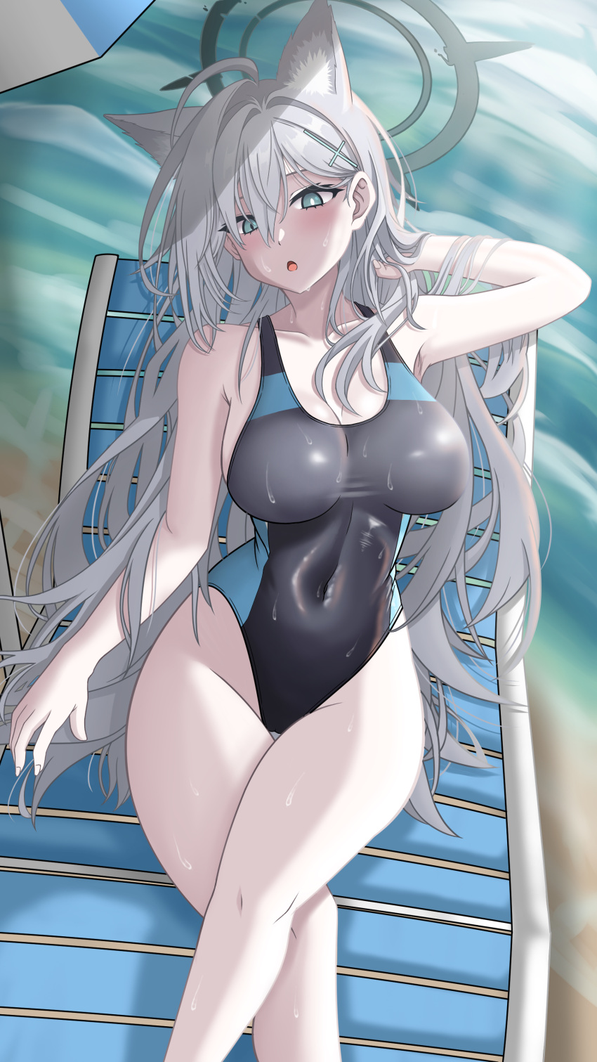 absurdres animal_ear_fluff animal_ears black_halo black_one-piece_swimsuit blue_archive blue_eyes breasts chair competition_swimsuit covered_navel cross_hair_ornament ds_(mettyamattyaman) extra_ears feet_out_of_frame female grey_hair hair_ornament halo highres large_breasts long_hair lounge_chair low_ponytail mismatched_pupils multicolored_clothes multicolored_swimsuit official_alternate_costume one-piece_swimsuit shiroko_(blue_archive) shiroko_(swimsuit)_(blue_archive) shiroko_terror_(blue_archive) sitting solo swimsuit very_long_hair wolf_ears