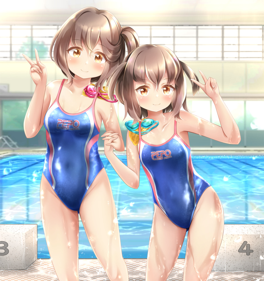 2girls blue_one-piece_swimsuit breasts brown_eyes brown_hair commentary_request covered_navel cowboy_shot feet_out_of_frame flat_chest highres holding holding_own_hair indoors leaning_to_the_side multiple_girls one-piece_swimsuit one_side_up original pool rena_(riries) short_hair small_breasts starting_block swimsuit twintails v wet wet_clothes wet_swimsuit