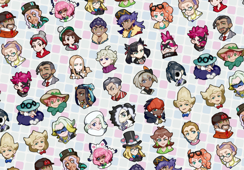 6+boys 6+girls ahoge allister_(pokemon) annotated asymmetrical_bangs avery_(pokemon) bad_id bad_pixiv_id baseball_cap bea_(pokemon) beanie bede_(pokemon) black_hair black_hairband black_headwear black_jacket blonde_hair blue_headwear bow_hairband champion_uniform clenched_teeth closed_mouth collarbone commentary_request curly_hair dark-skinned_female dark-skinned_male dark_skin drill_hair earrings expedition_uniform eyelashes eyewear_on_head facepaint facial_hair flipped_hair freckles fur-trimmed_jacket fur_hat fur_trim glasses gloria_(pokemon) gordie_(pokemon) green_eyes green_headwear grey_choker grey_hair grey_headwear hair_between_eyes hair_bun hairband hat helmet highres honey_(pokemon) hop_(pokemon) hyde_(pokemon) jacket jewelry kabu_(pokemon) klara_(pokemon) komame_(st_beans) leon_(pokemon) long_eyebrows long_hair looking_at_viewer magnolia_(pokemon) marnie_(pokemon) mask melony_(pokemon) milo_(pokemon) mole mole_under_mouth multicolored_hair multiple_boys multiple_girls mustard_(pokemon) necklace nessa_(pokemon) oleana_(pokemon) one_eye_closed opal_(pokemon) open_mouth orange_hair orange_headwear orange_jacket peony_(pokemon) piers_(pokemon) pink_hair pokemon pokemon_swsh popped_collar purple_hair raihan_(pokemon) red_shirt rose_(pokemon) scarf shielbert_(pokemon) shirt short_hair side_ponytail sidelocks single_hair_bun smile smug sonia_(pokemon) sordward_(pokemon) sun_hat sunglasses tall_hair tam_o'_shanter team_yell_grunt teeth twin_drills two-tone_hair undercut victor_(pokemon) white_hair white_headwear