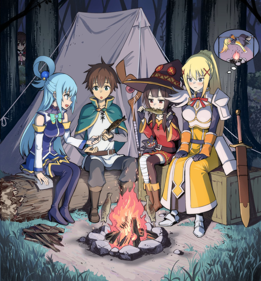 1boy 4girls animal aqua_(konosuba) aqua_bow aqua_bowtie armor asymmetrical_legwear bandaged_leg bandages black_cape blonde_hair blue_eyes blue_footwear blue_shirt blue_skirt blush boots bow bowtie breastplate breasts brown_cape brown_footwear brown_hair campfire camping cape chomusuke commentary_request cooking crate darkness_(konosuba) detached_sleeves dress eating fingerless_gloves firewood fish fish_(food) forest full_body gloves gold_trim grass green_cape green_eyes grey_eyes hair_ornament hair_rings hat hiding high_heels highres holding holding_animal holding_fish imagining kono_subarashii_sekai_ni_shukufuku_wo! log long_hair medium_breasts megumin mismatched_legwear multiple_girls nature necktie night pink_necktie red_dress red_eyes rotisserie satou_kazuma seidenki6 shadow sheath sheathed shirt short_hair_with_long_locks shoulder_armor sidelocks single_hair_ring single_thighhigh sitting skirt sleeveless small_breasts staff tent thigh_boots thighhighs thought_bubble white_sleeves witch_hat yellow_dress yunyun_(konosuba)