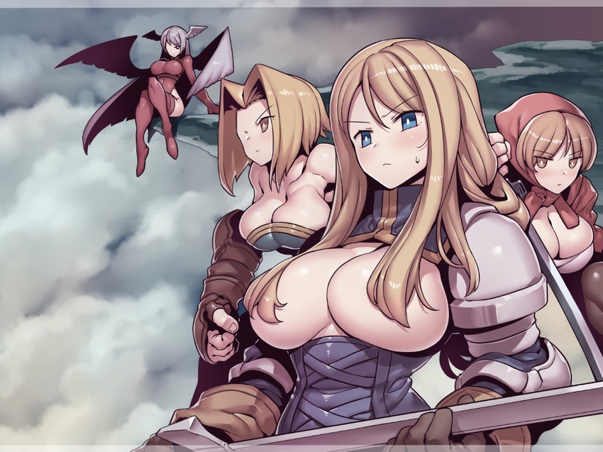 4girls agrias_oaks angel_wings blonde_hair boots breasts cleavage closed_mouth cover feathered_wings final_fantasy final_fantasy_tactics fingerless_gloves gloves grey_hair head_wings highleg highleg_leotard large_breasts leotard long_hair monk_(fft) multiple_girls red_legwear red_leotard thief_(fft) thigh_boots thighhighs tukiwani ultima_(fft) wings