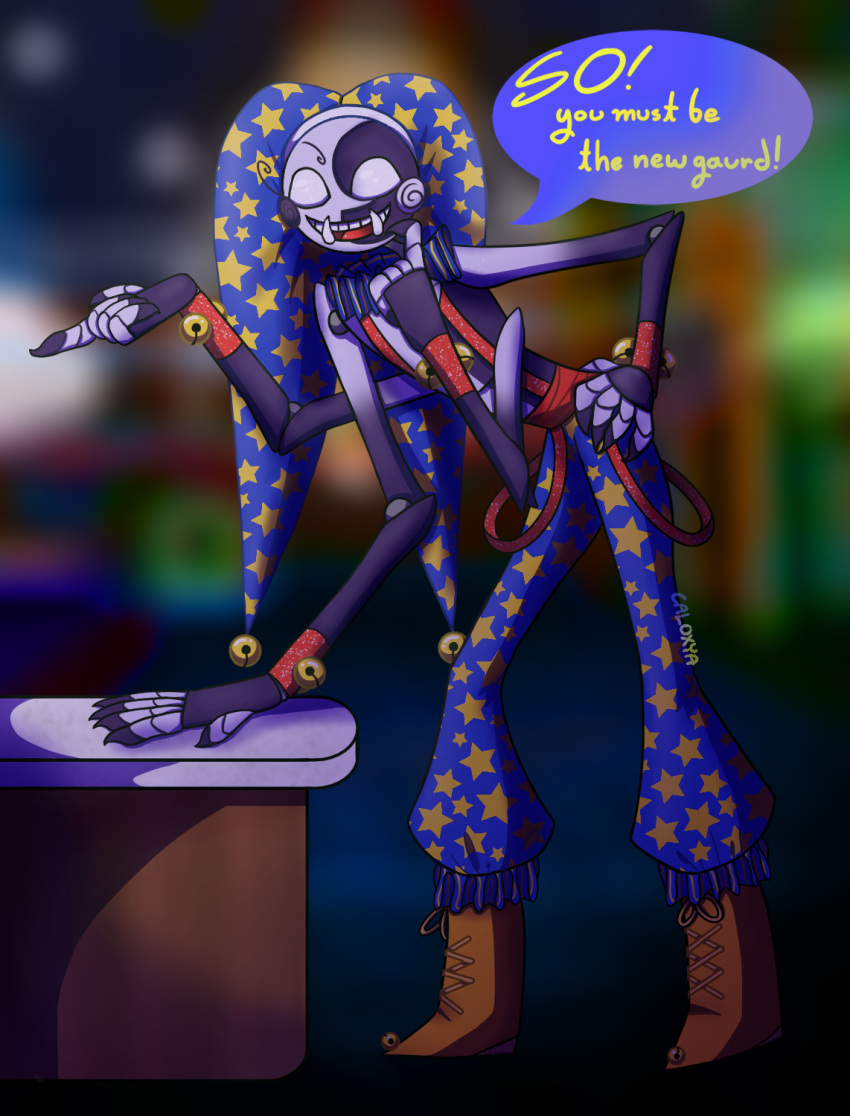 2023 4_arms animatronic bell caloxya clothing daycare_attendant_(fnaf) dialogue digital_media_(artwork) english_text extra_limbs fingers five_nights_at_freddy's five_nights_at_freddy's:_security_breach fool's_hat happy hat headgear headwear hi_res humanoid jester machine male moon_(fnaf) multi_arm multi_limb robot scottgames solo speech_bubble steel_wool_studios tall text