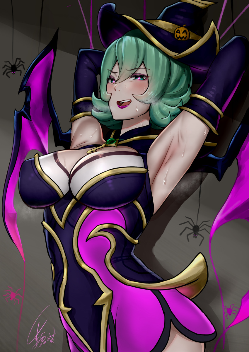 absurdres armpits bewitching_elise black_dress black_hat black_sleeves blush breasts brown_background bug detached_sleeves dress elise_(league_of_legends) female green_hair halloween hat highres large_breasts league_of_legends pink_dress pink_wings short_hair signature smile solo spider sweat two-tone_dress two-tone_headwear two-tone_wings upper_body wei_miao wings witch_hat