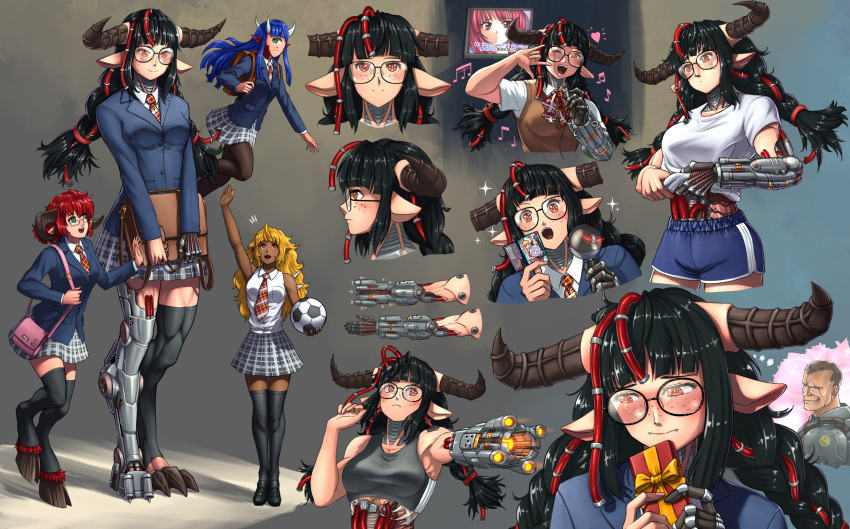 1boy 4girls ;d \m/ animal_ears animification arm_cannon arm_up backpack bag ball bare_arms baron_of_hell black-framed_eyewear black_hair black_pantyhose black_thighhighs blonde_hair blue_hair blue_jacket blue_shorts blunt_bangs blush box braid breasts brown_eyes cacodemon commentary cow_ears cyberdemon cyborg cyclops dark-skinned_female dark_skin demon_girl digitigrade dolphin_shorts doom_(series) doom_eternal doomguy english_commentary fangs fangs_out floating freckles giant giantess gift gift_box glasses green_eyes grey_sports_bra highres holding holding_bag holding_magnifying_glass hooves horns imp_(doom) jacket karaoke large_breasts long_hair long_sleeves magnifying_glass mechanical_arms mechanical_legs monster_girl multiple_girls multiple_views muscular muscular_female musical_note necktie one-eyed one_eye_closed open_mouth pantyhose personification plaid plaid_necktie plaid_skirt pointy_ears red_eyes red_hair shirt short_hair short_sleeves shorts shoulder_bag shoulder_spikes single_mechanical_arm single_mechanical_leg skirt sleeveless sleeveless_shirt smile soccer_ball sparkle spikes sports_bra substance20 tall_female thighhighs twin_braids underwear weapon white_shirt