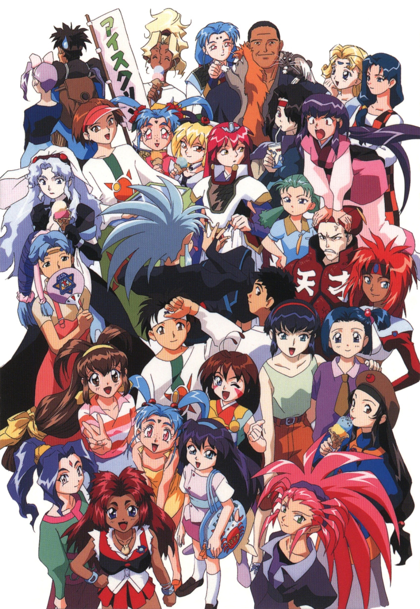 1990s_(style) 5boys 6+girls afura_mann alielle amano_misao_(pretty_sammy) anna_respighi antennae aqua_eyes aqua_hair armor backpack bag battle_athletes black_eyes black_hair blonde_hair blue_eyes blue_hair bridal_gauntlets brown_eyes brown_hair closed_eyes crossover dark-skinned_female dark-skinned_male dark_skin eating el_hazard facial_mark flag food forehead_mark freckles furrowed_brow grant_oldman green_eyes green_hair grey_hair grin hair_bobbles hair_ornament hairband hakubi_washuu hand_fan hat headband headphones high_ponytail high_side_ponytail highres holding holding_fan holding_food ice_cream_cone ifurita ifurita_tv jessie_gurtland jewelry jinnai_katsuhiko jinnai_nanami kanzaki_akari kris_christopher kumashiro_sakuya kuramitsu_mihoshi loafers long_hair mahou_shoujo_pretty_sammy makibi_kiyone masaki_aeka_jurai masaki_sasami_jurai masaki_tenchi miz_mishtal mizuhara_makoto multiple_boys multiple_girls necklace oerba_yun_fang open_mouth orange_eyes pink_eyes pink_hair pixy_misa pretty_sammy_(character) purple_hair red_hair retro_artstyle rune_venus ryou-ouki ryouko_(tenchi_muyou!) scan shayla-shayla shin_tenchi_muyou! shoes short_hair side_ponytail simple_background smile standing sweatdrop tanya_natdhipytadd tenchi_muyou! tenchi_muyou!_uchuu_hen tsunami_(tenchi_muyou!) twintails uura_(el_hazard) v veil very_long_hair visor_cap white_background wristband yellow_eyes