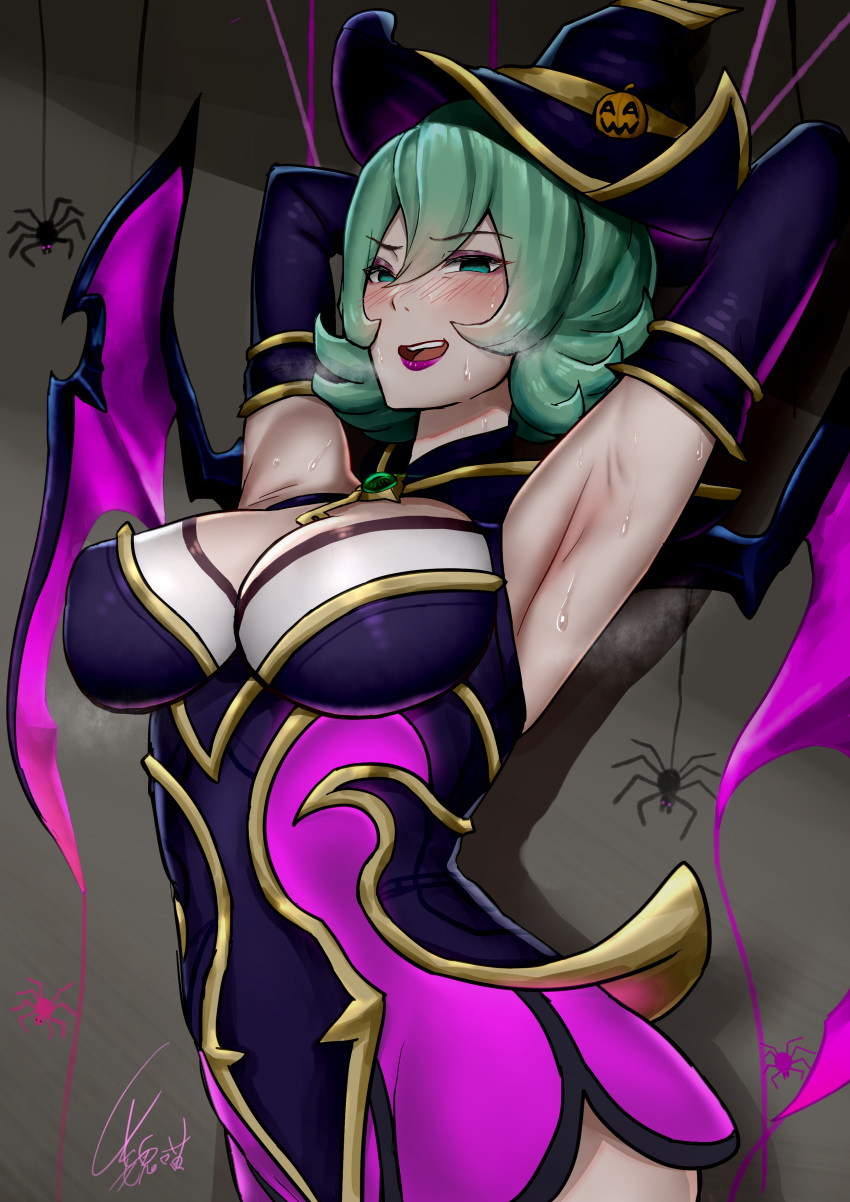 absurdres armpits bewitching_elise black_dress black_hat black_sleeves blush breasts brown_background bug commentary_request detached_sleeves dress elise_(league_of_legends) female green_hair halloween hat highres large_breasts league_of_legends pink_dress pink_wings short_hair signature smile solo spider sweat two-tone_dress two-tone_headwear two-tone_wings upper_body wei_miao wings witch_hat