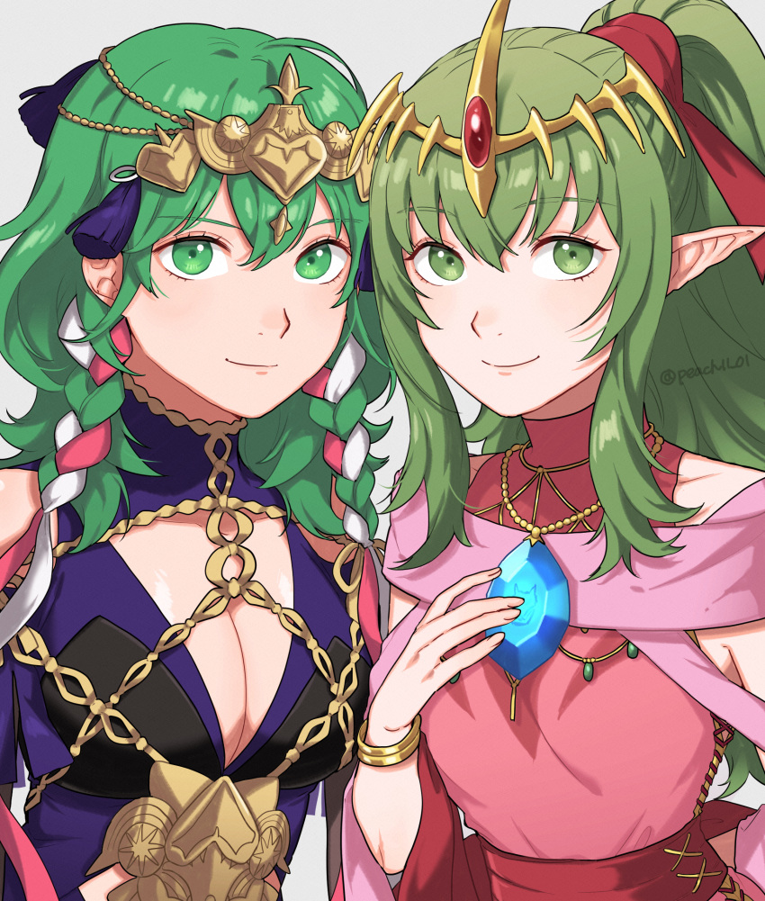 2girls bare_shoulders bracelet braid breasts byleth_(female)_(fire_emblem) byleth_(fire_emblem) cleavage cleavage_cutout closed_mouth clothing_cutout commentary cosplay dragonstone dress fire_emblem fire_emblem:_mystery_of_the_emblem fire_emblem:_three_houses fire_emblem_heroes gem green_eyes green_hair grey_background hair_between_eyes hair_ornament hair_ribbon highres jewelry long_hair looking_at_viewer medium_breasts multiple_girls official_alternate_costume peach11_01 pink_dress pointy_ears ponytail purple_dress red_ribbon ribbon sidelocks simple_background sleeveless sleeveless_dress smile sothis_(fire_emblem) sothis_(fire_emblem)_(cosplay) tiki_(adult)_(fated_divinity)_(fire_emblem) tiki_(adult)_(fire_emblem) tiki_(fire_emblem) tiki_(young)_(fire_emblem) tiki_(young)_(fire_emblem)_(cosplay) twitter_username upper_body