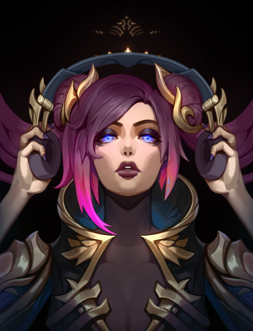 black_background black_hair breasts cleavage female hands_up headphones highres holding horns large_breasts league_of_legends looking_at_viewer multicolored_hair nail_polish pentakill_iii:_lost_chapter_sona pink_eyes pink_hair purple_nails short_hair solo sona_(league_of_legends) two-tone_hair upper_body vladbacescu