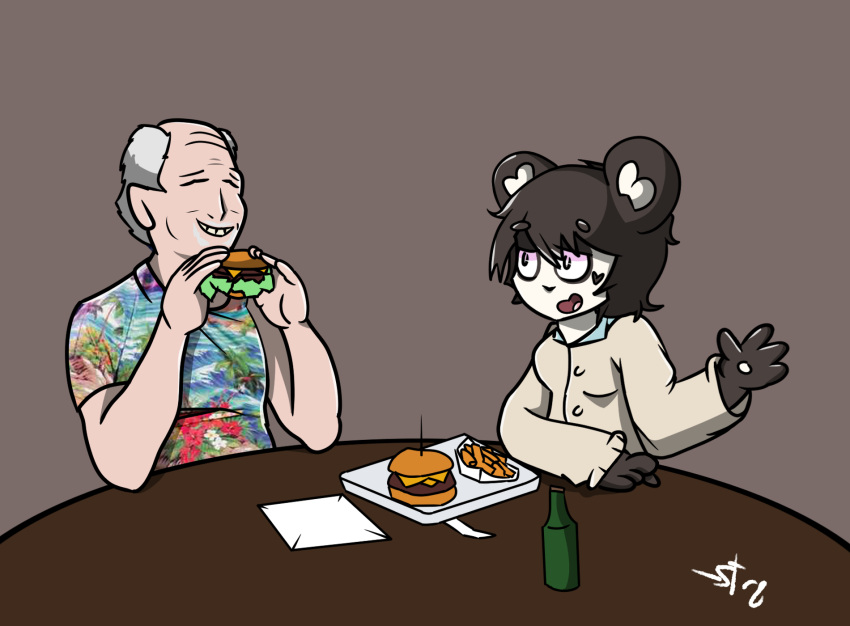 aloha_shirt anthro bear beef black_hair bottle burger cheese closed_eyes clothing container dairy_products duo eating elbows_on_table female food fries furniture giant_panda grey_background grey_hair hair hi_res holding_burger holding_food holding_object human jimmy_buffett ken_ashcorp lettuce male mammal meat pattern_clothing pattern_shirt pattern_topwear paws plant shirt signature simple_background smile str8aura-no-not-that-one table topwear vegetable white_body