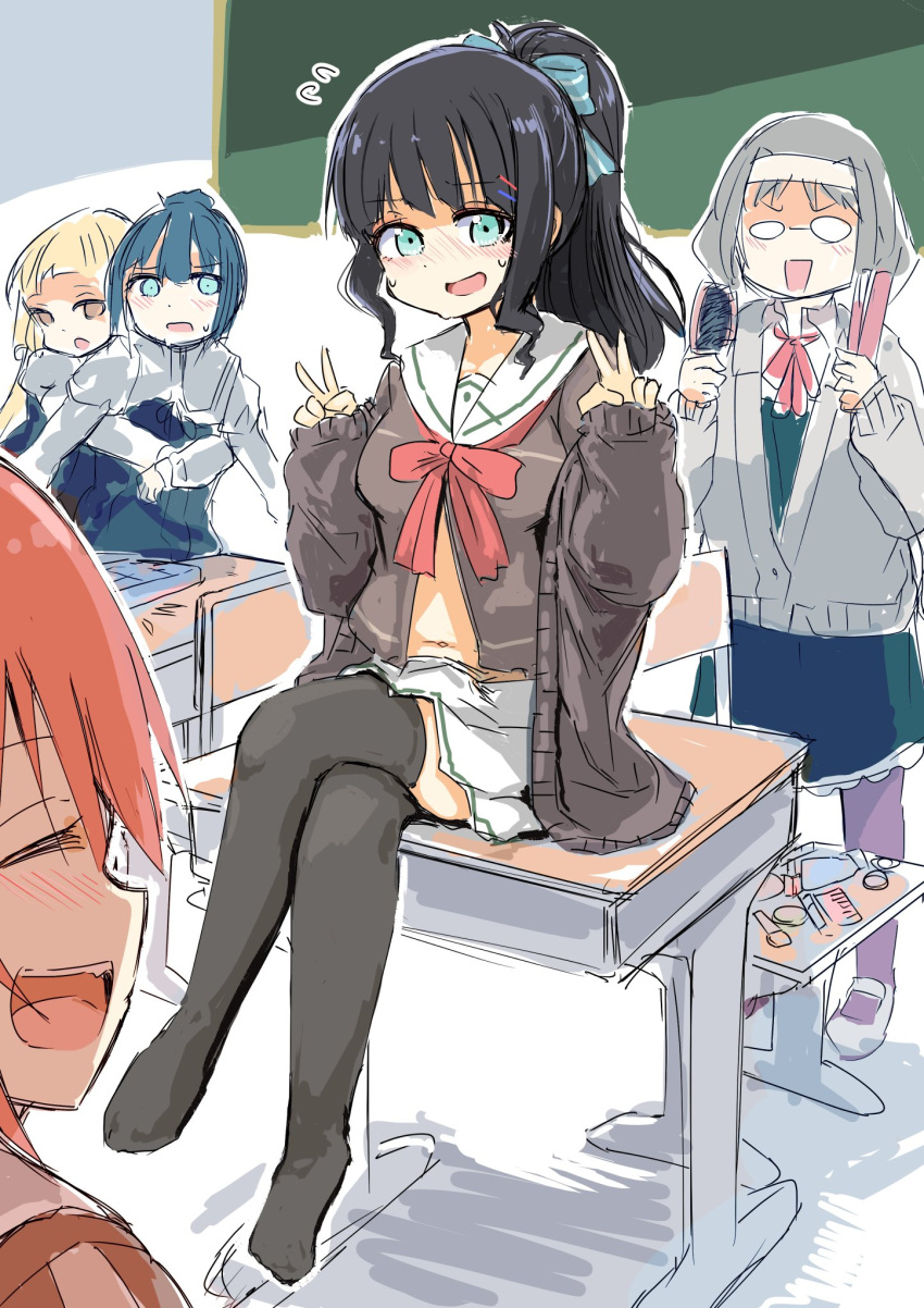 5girls akihara_sekka black_hair black_thighhighs blush cardigan commentary_request copyright_request crossed_legs desk double_v embarrassed full_body highres icarus_(2010741) looking_at_viewer midriff_peek miniskirt multiple_girls navel nogi_sonoko on_desk ponytail school_uniform serafuku sitting skirt sweat thighhighs tougou_mimori v washio_sumi washio_sumi_wa_yuusha_de_aru yuuki_yuuna yuuki_yuuna_wa_yuusha_de_aru yuuki_yuuna_wa_yuusha_de_aru:_hanayui_no_kirameki yuusha_de_aru zettai_ryouiki