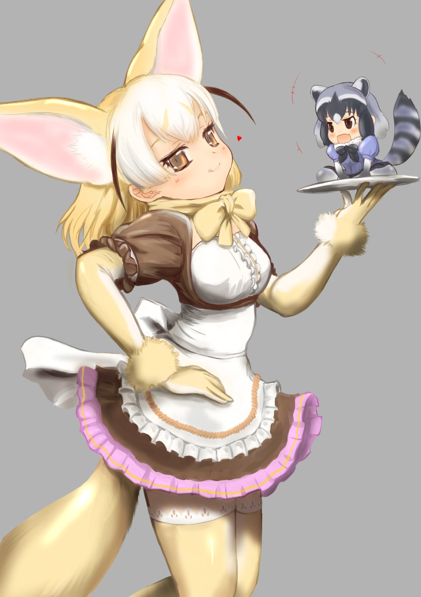 +++ 2girls :q absurdres alternate_costume animal_ears apron blonde_hair blouse blush bow bowtie brown_eyes brown_hair center_frills closed_mouth common_raccoon_(kemono_friends) enmaided extra_ears fennec_(kemono_friends) fox_ears fox_girl fox_tail frilled_apron frilled_sleeves frills fur-trimmed_sleeves fur_collar fur_trim gloves grey_background hakumaiya hand_on_own_hip hand_up highres kemono_friends layered_sleeves long_sleeves looking_at_another looking_at_viewer maid maid_apron medium_hair mini_person minigirl multicolored_hair multiple_girls oerba_yun_fang open_mouth raccoon_ears raccoon_girl raccoon_tail shirt short_over_long_sleeves short_sleeves simple_background sitting size_difference skirt smile standing tail thighhighs tongue tongue_out tray underbust waist_apron white_apron white_hair