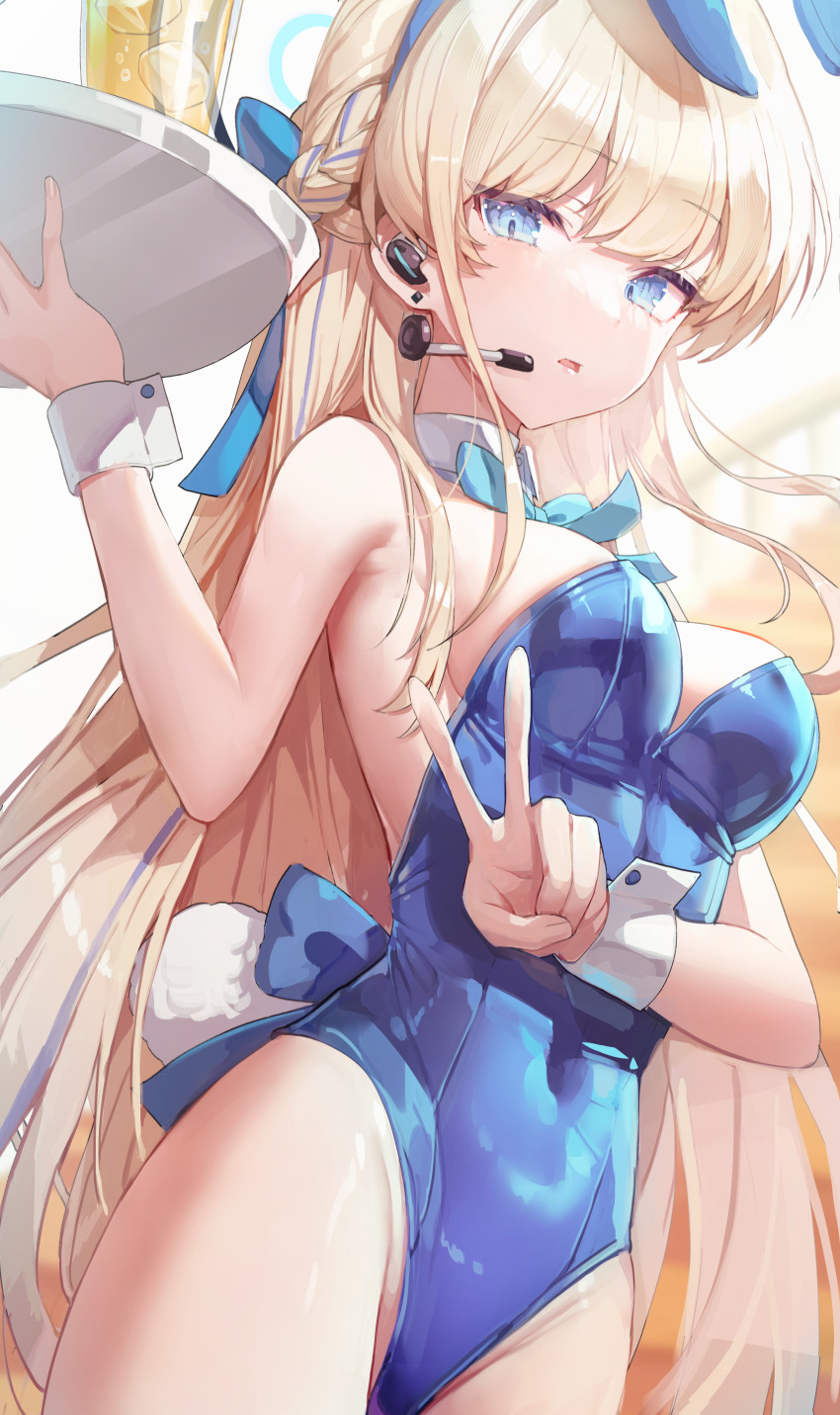 absurdres animal_ears aqua_bow aqua_bowtie armpits bare_shoulders blonde_hair blue_archive blue_eyes blue_halo blue_leotard bow bowtie breasts commentary detached_collar earpiece fake_animal_ears fake_tail female halo highleg highleg_leotard highres holding holding_tray large_breasts leotard long_hair looking_at_viewer misyune official_alternate_costume parted_lips playboy_bunny rabbit_ears rabbit_tail solo strapless strapless_leotard tail thighhighs toki_(blue_archive) toki_(bunny)_(blue_archive) tray v very_long_hair white_thighhighs white_wrist_cuffs wrist_cuffs