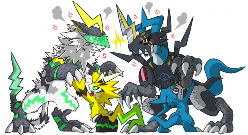 angry anthro armor bandai_namco blue_body cross-popping_vein digimon digimon_(species) feral fight fur group horn portugueselynx pulsemon raidramon runnermon veemon visor white_body white_fur