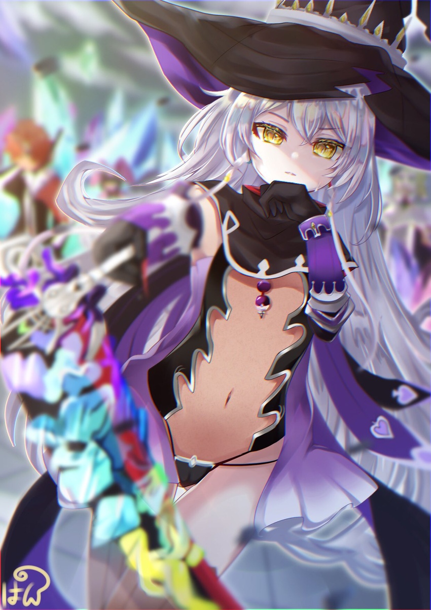 bad_id bad_twitter_id blurry blurry_background blurry_foreground drowpan4_23 female flat_chest hat headwear_through_crown highres hilda_(stella_glow) leotard long_hair navel see-through see-through_leotard solo_focus stella_glow very_long_hair white_hair witch witch_hat yellow_eyes