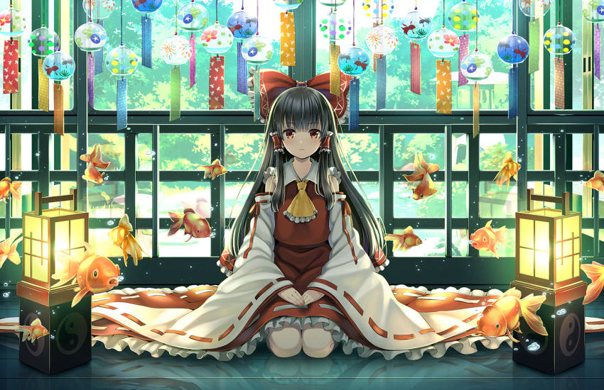 animal ascot bangs banned_artist black_hair bow closed_mouth collared_shirt commentary_request day detached_sleeves eyebrows_visible_through_hair female fish frilled_bow frilled_neckwear frilled_skirt frills hair_tubes hairbow hakurei_reimu hands_on_lap indoors lantern long_hair long_sleeves looking_at_viewer nail_polish red_bow red_eyes red_nails red_shirt red_skirt ribbon-trimmed_skirt ribbon-trimmed_sleeves ribbon_trim seiza shirt sidelocks sitting skirt sleeveless sleeveless_shirt sleeves_past_wrists solo touhou very_long_hair white_sleeves wide_sleeves wind_chime yellow_neckwear yuuka_nonoko