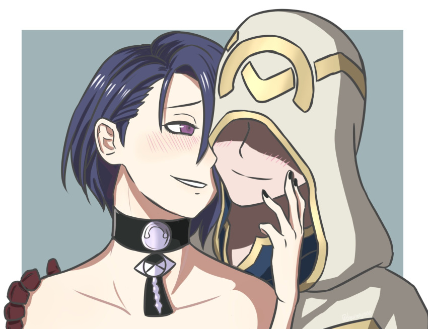 1boy bare_shoulders black_nails blush brown_eyes choker closed_mouth couple drawnonymous female fire_emblem fire_emblem:_three_houses fire_emblem_heroes gloves hand_on_another's_face hand_on_another's_shoulder highres kiran_(fire_emblem) kiran_(male)_(fire_emblem) looking_at_another open_mouth shamir_nevrand smile straight upper_body