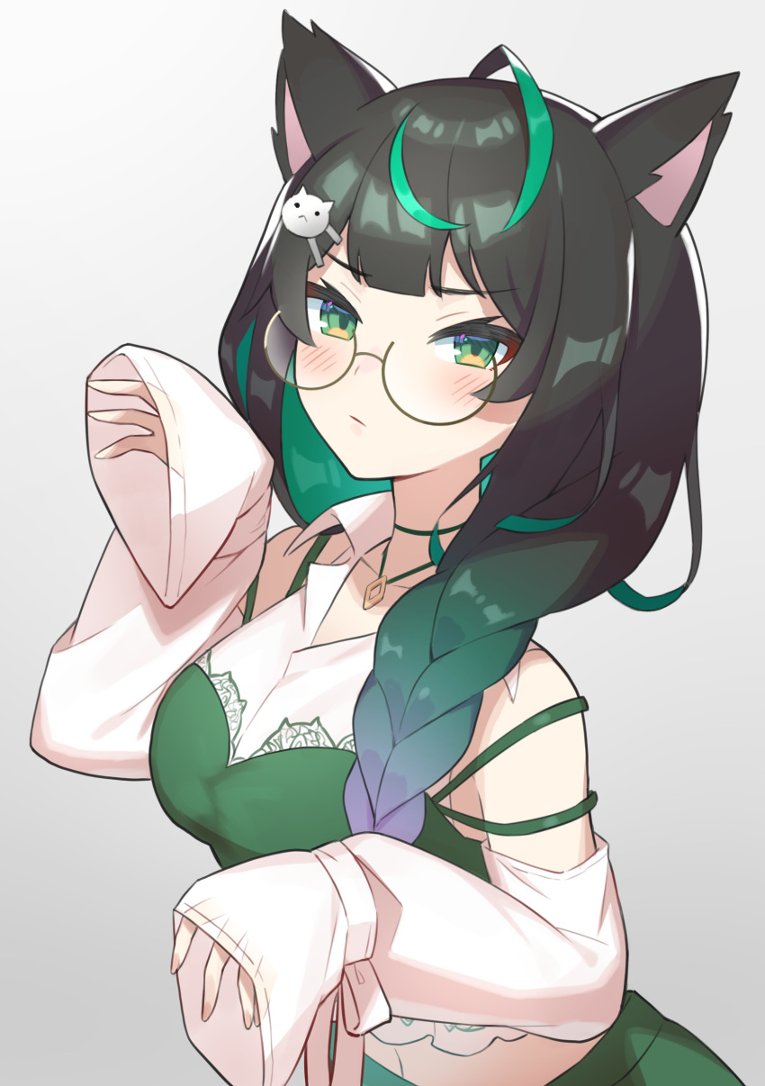 absurdres ahoge animal_ears aotake_iro black_hair blush braid breasts camisole cat_ears cat_hair_ornament claw_pose clothing_cutout collared_shirt female frown glasses green_camisole green_eyes green_hair green_skirt hair_ornament highres kemonomimi_mode long_hair looking_at_viewer medium_breasts multicolored_hair navel nijisanji nijisanji_kr shin_yuya shin_yuya_(2nd_costume) shirt shoulder_cutout skirt sleeves_past_wrists solo streaked_hair virtual_youtuber white_shirt