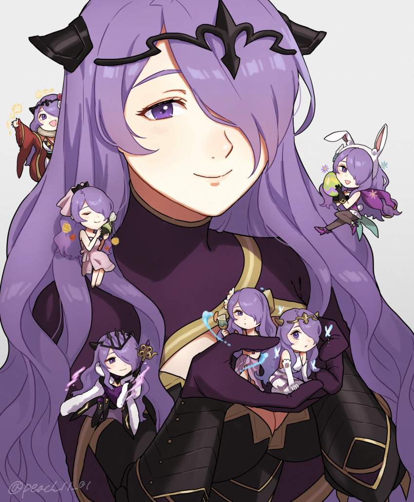 animal_ears camilla_(adrift)_(fire_emblem) camilla_(fire_emblem) camilla_(hostile_springs)_(fire_emblem) camilla_(light_of_nohr)_(fire_emblem) camilla_(new_year)_(fire_emblem) camilla_(spring)_(fire_emblem) camilla_(summer)_(fire_emblem) chibi coat dress fake_animal_ears female fire_emblem fire_emblem_fates fire_emblem_heroes flower fur_coat fur_trim hair_flower hair_ornament hair_over_one_eye highres long_hair looking_at_viewer multiple_persona naked_towel official_alternate_costume peach11_01 purple_eyes purple_hair rabbit_ears smile tiara towel very_long_hair wavy_hair