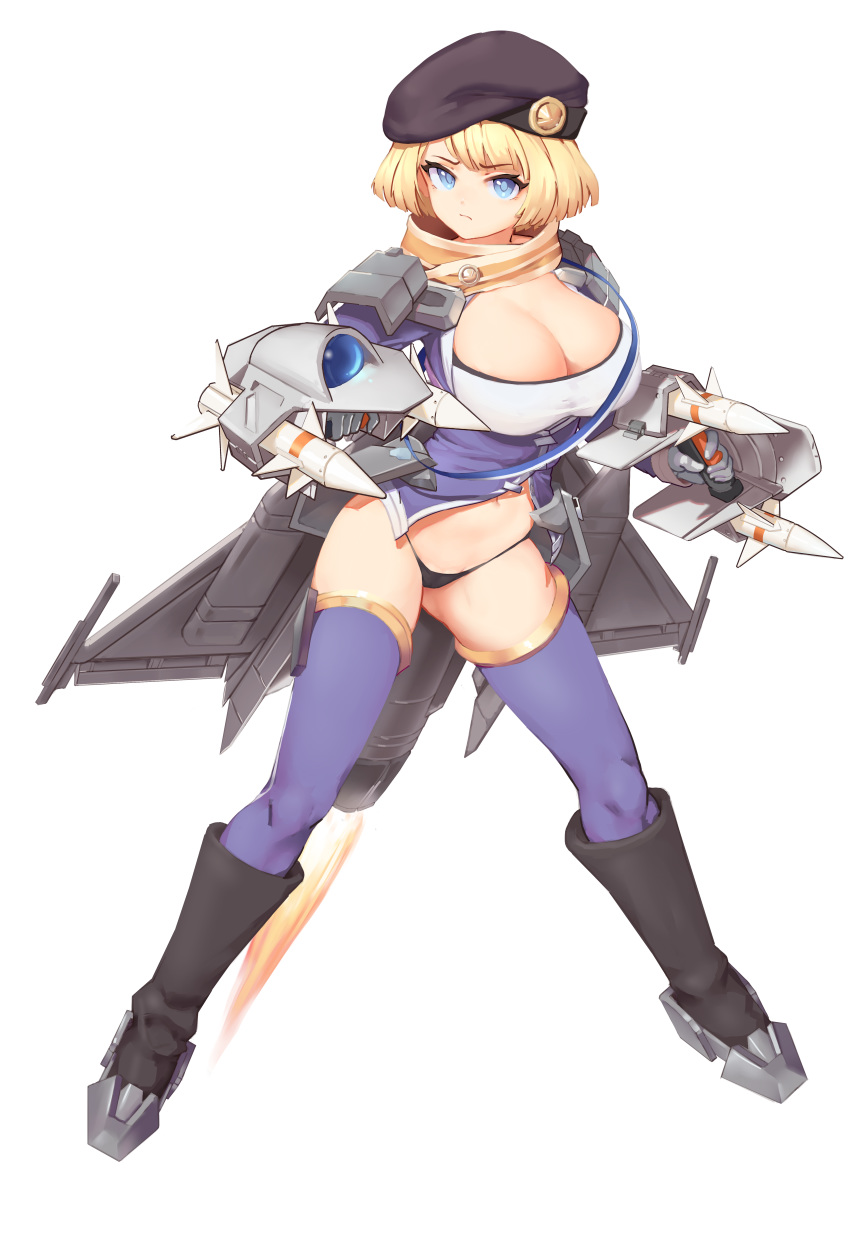 absurdres asymmetrical_bangs bad_id bad_pixiv_id beret blue_thighhighs boots breasts cleavage female full_body greentree griffon_(last_origin) hat highres large_breasts last_origin looking_at_viewer official_alternate_costume rocket rocket_launcher short_hair simple_background solo thighhighs weapon white_background