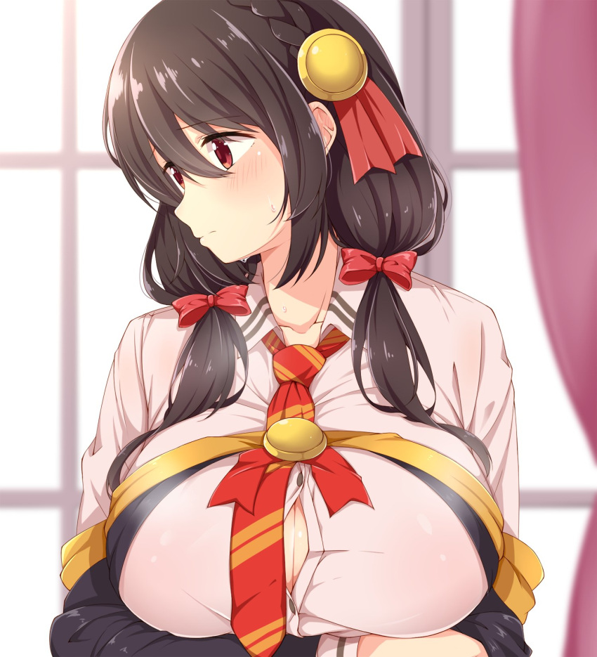 arms_under_breasts between_breasts black_hair blurry blurry_background blush bow braid breasts collared_shirt commentary_request crossed_arms dou-t dress female hair_between_eyes hair_ornament highres indoors kono_subarashii_sekai_ni_shukufuku_wo! large_breasts long_sleeves looking_away medium_hair necktie necktie_between_breasts pink_dress red_bow red_eyes red_necktie red_prison_magic_school_uniform school_uniform shirt solo sweat window yunyun_(konosuba)