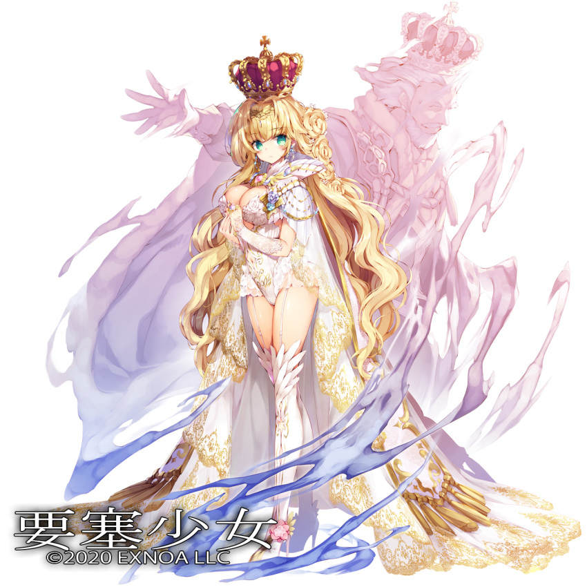 2020 blonde_hair breasts cape cleavage commentary_request copyright_name crown dress earrings female flower footwear_ornament fortress_girl full_body garter_straps gem ghost gloves gold_trim green_eyes hair_intakes high_heels highres jewelry lace_trim large_breasts logo long_hair looking_at_viewer official_art partial_commentary pink_gemstone queen ring satsuki_misuzu spirit tassel thighhighs thighs very_long_hair wavy_hair white_dress white_legwear