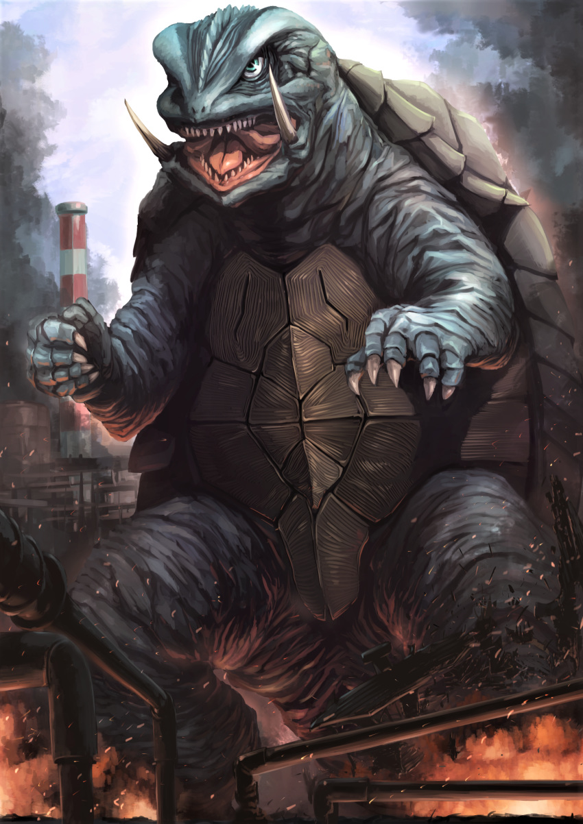 claws commentary dai_toro fangs fire gamera gamera_(series) highres industrial_pipe kaijuu monster no_humans open_mouth plastron retro_artstyle sharp_teeth smoke teeth tokusatsu turtle_shell