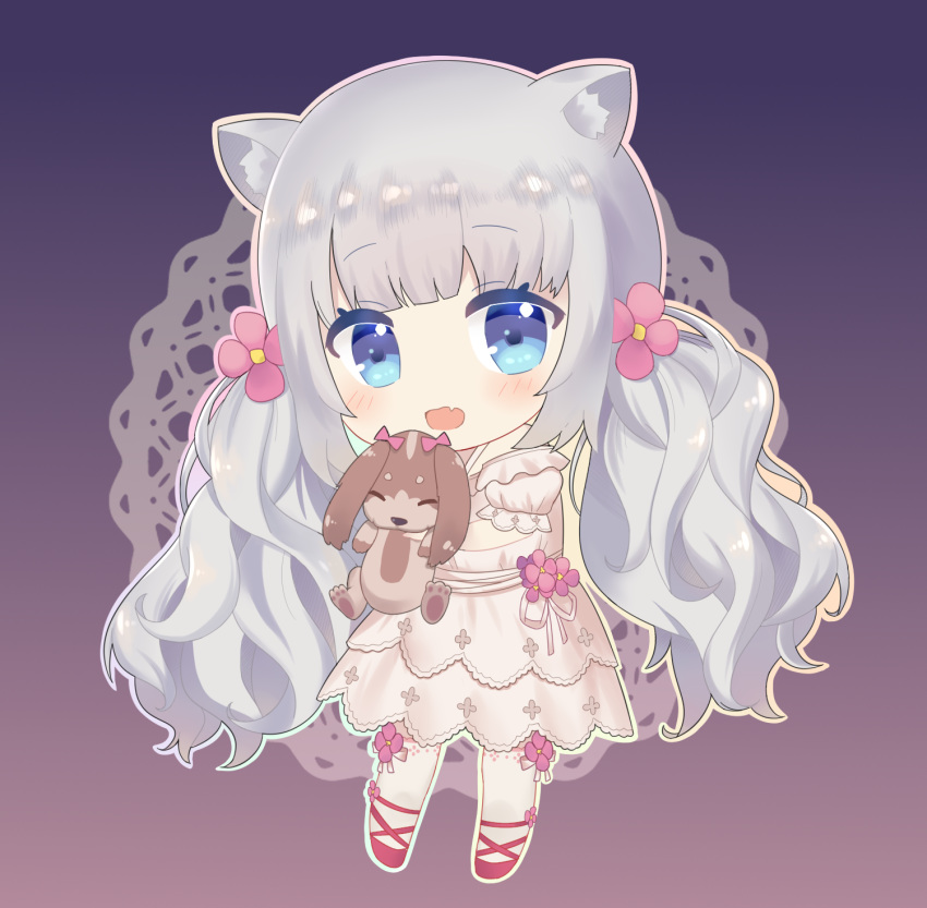 animal animal_ear_fluff animal_ears blue_eyes blunt_bangs blush canine chibi closed_eyes commentary dress female flower full_body grey_hair hair_flower hair_ornament highres holding holding_animal indie_virtual_youtuber long_hair oerba_yun_fang open_mouth pink_flower puffy_short_sleeves puffy_sleeves red_footwear shizuku_lulu shoes short_sleeves solo standing tsukimiya_yuuko twintails very_long_hair virtual_youtuber white_dress