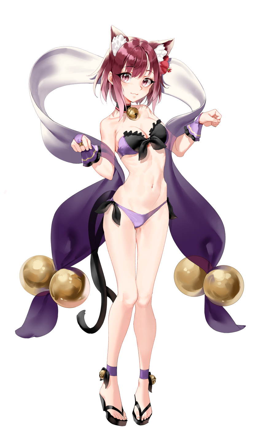 :3 absurdres animal_ear_fluff animal_ears ankle_ribbon bell bikini black_bikini breasts bridal_gauntlets cat_ears cat_girl cat_tail cleavage closed_mouth collar collarbone commentary female frilled_bikini frills full_body gdd_(vkejr702) groin hair_between_eyes hair_intakes highres leg_ribbon looking_at_viewer medium_breasts multicolored_bikini multicolored_clothes navel neck_bell official_alternate_costume princess_connect! purple_bikini purple_ribbon red_eyes red_hair ribbon sash short_hair side-tie_bikini_bottom simple_background solo standing swimsuit tail tamaki_(princess_connect!) tamaki_(summer)_(princess_connect!) white_background