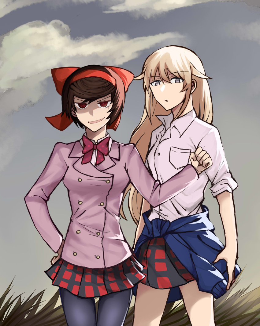 2girls absurdres blonde_hair blue_eyes brown_hair clothes_around_waist cloud commentary girls_und_panzer girls_und_panzer_ribbon_no_musha grass grey_sky hair_ribbon hand_on_own_hip highres jacket jacket_around_waist long_hair matsukaze_rin mole mole_under_eye multiple_girls okutorinno pantyhose plaid plaid_skirt red_eyes red_ribbon ribbon school_uniform shirt short_hair skirt sky tatenashi_high_school_uniform tsuruki_shizuka white_shirt