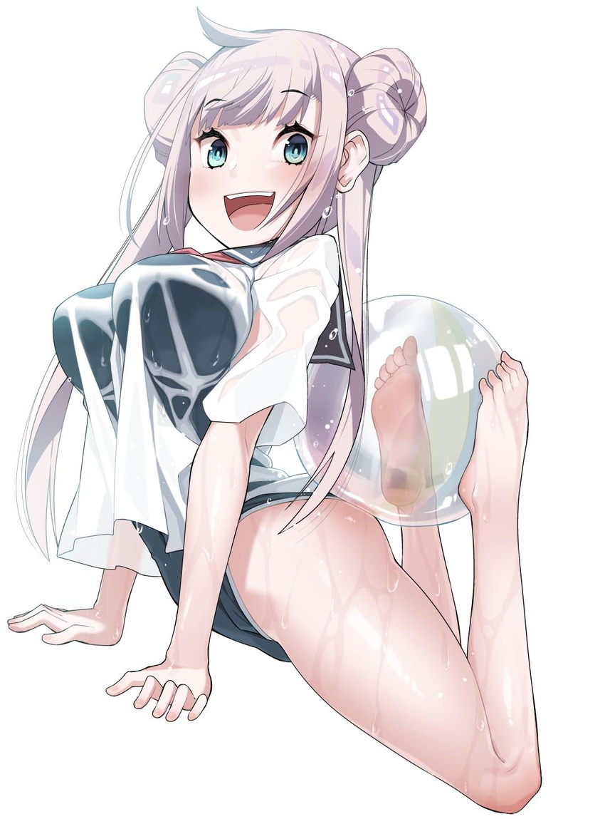 :d ashigei_shoujo_komura-san ball bane_(haibanemumi) barefoot beachball blue_eyes blush commentary double_bun feet feet_up female full_body hair_bun highres komurai_komura long_hair on_ground open_mouth purple_hair sailor_collar sailor_shirt shirt simple_background smile solo swimsuit twintails wet wet_clothes wet_shirt white_background